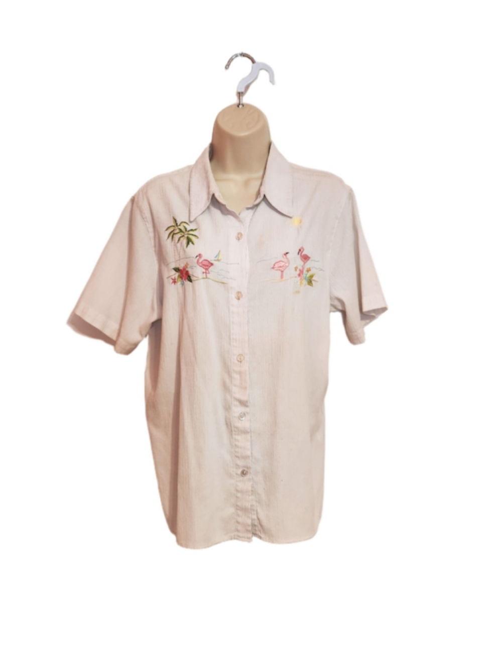Alfred Dunner Tropical Flamingo Embroidery Button Front Shirt Off White/Pink 16